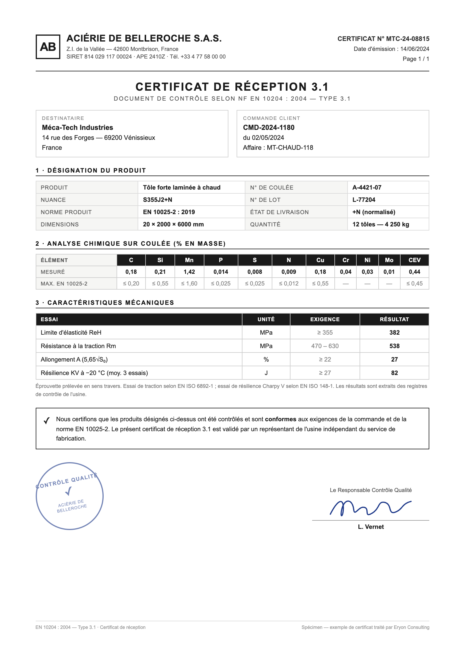 Exemple de certificat matière EN 10204 type 3.1 (mill test certificate) — nuance S355J2+N, norme EN 10025-2